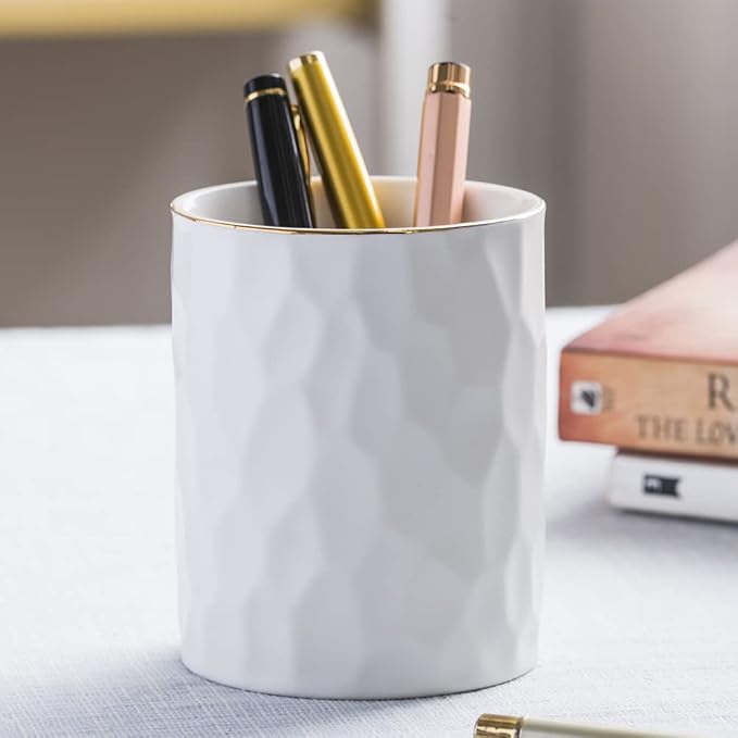 Ceramic Aesthetic Pen Holder for Desk Cute White Pencil Holder Cup Pot Desk Organizer Office Supplies - Stylish Office Decor, Makeup Brush Holder,Toothbrush Holder (White)