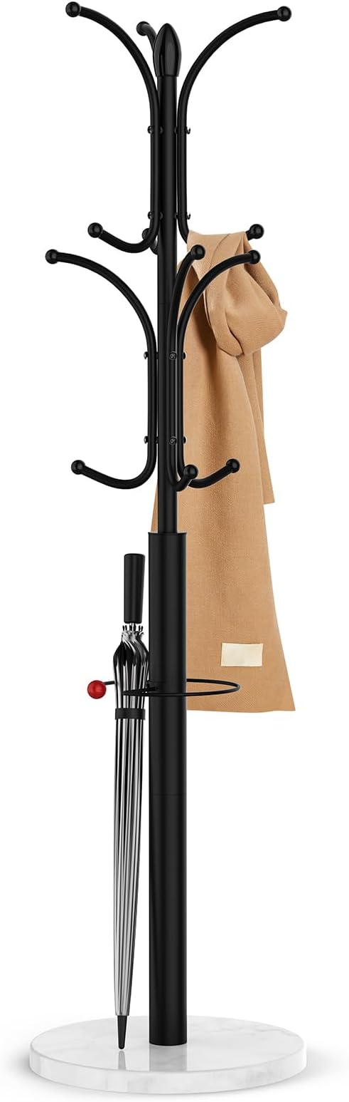 Coat Rack Freestanding,12 Hooks Coat Racks with Natural Marble Base & Umbrella Holder,Easy Assembly Coat Rack Stand for Hanging Scarf,Purse,Hats,Jacket(Black)