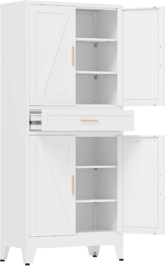COFaR 71 in Tall Kitchen Pantry Cabinet with Drawer, Metal Pantry Storage Cabinet with 4 Adjustable Shelves and 4 Barn Doors, White Freestanding Farmhouse Food Cupboard for Dining Room