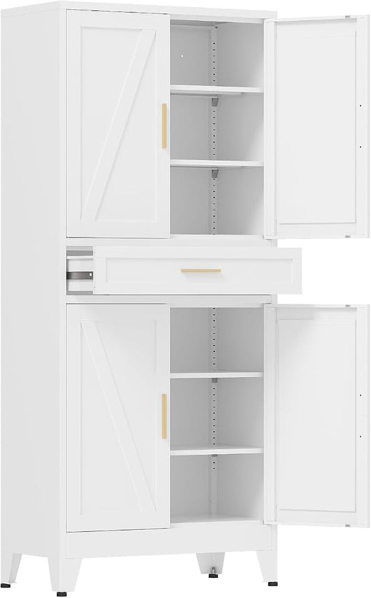 COFaR 71 in Tall Kitchen Pantry Cabinet with Drawer, Metal Pantry Storage Cabinet with 4 Adjustable Shelves and 4 Barn Doors, White Freestanding Farmhouse Food Cupboard for Dining Room