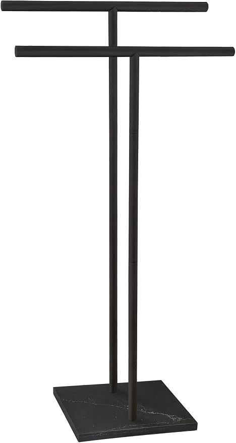 40 Inch Freestanding Towel Rack for Bathroom Floor Double-T Shape Bath Sheet Holder with Marble Design Base Standing Towel bar Next to Tub or Shower Towel Holder Stand SUS304 Matte Black