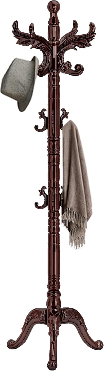 Snaikor Wooden Coat Rack Stand Sturdy Triangle Base, Natural Birch Wood Coat Racks Freestanding, Vintage Solid Wood Coat Tree Stand with 14 Hooks, Classic Sturdy Coat Racks Hall Tree for Entryway