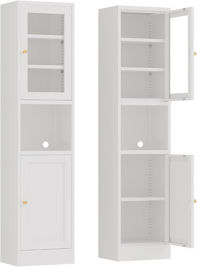 67" Tall Narrow Storage Cabinet with Glass Door and Open Shelf,Metal Pantry Cabinet with Adjustable Shelves,Shaker Style Slim Cabinet for Bathroom Kitchen Small Spaces, White, 1Pc