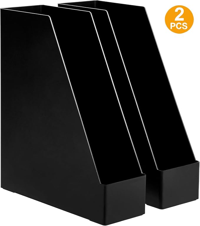 Amazon Basics Plastic Desk Organizer Magazine Rack and File Holder, Black, 2-Pack