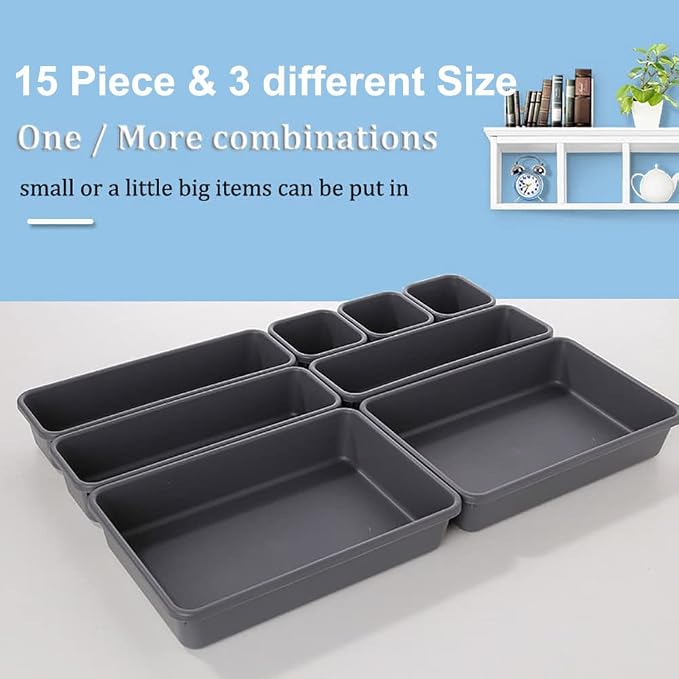 Kutesna 15PCS Interlocking Drawer Organizer, Plastic Desk Organizers Set | 3-Size Versatile Storage Bins,BPA-free, Non-slip, Fits Any Drawer for Cosmetics, Bathroom, Tools, Kitchen and Office