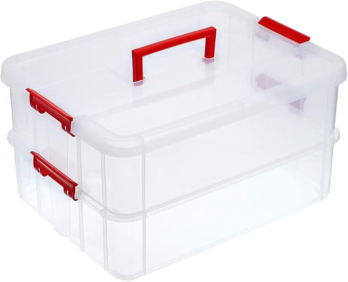 JUXYES 2-Tiers Plastic Stack Carry Storage Containers Box wih Handle Lids | Clear Stackable Latching Craft Storage Bin for School Office, Organizing Stationery, Sewing, Art Craft, DIY Supplies, Red
