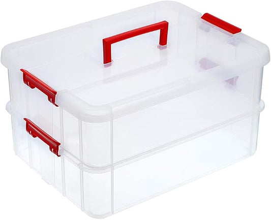 JUXYES 2-Tiers Plastic Stack Carry Storage Containers Box wih Handle Lids | Clear Stackable Latching Craft Storage Bin for School Office, Organizing Stationery, Sewing, Art Craft, DIY Supplies, Red