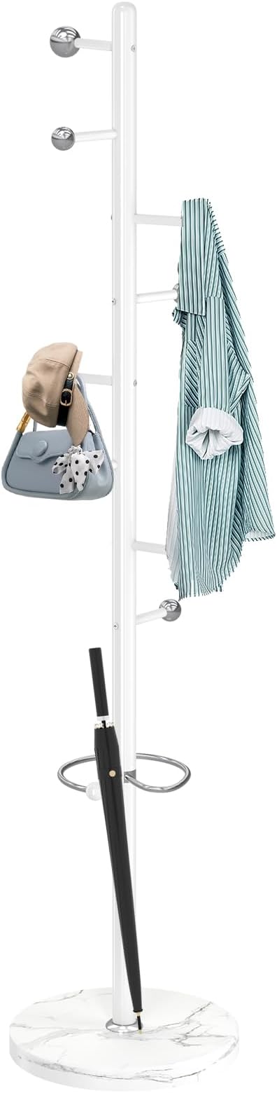 ZOZOE Metal Coat Rack Stand, Modern Coat Rack Freestanding with Natural Marble Base, Sturdy Industrial Coat Racks with 8 Hooks & Umbrella Holder,White Coat Tree Hanger Stand for Entryway,Office