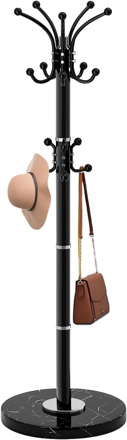 Coat Rack Stand 360°Rotary Coat Rack Freestanding with 16 Hooks | Modern Metal Coat Rack with Natural Marble Base,Coat Hanger Stand, Black Coat Hall Clothes Tree for Hallway,Entryway,Office