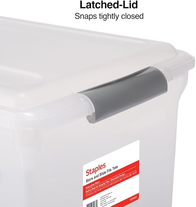 STAPLES Store & Slide Plastic File Box Latching, Letter/Legal Size, Clear, 2/Pack
