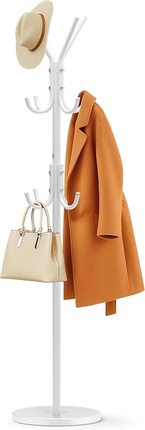 MISSLO Heavy Duty Coat Rack Freestanding with Stable Wood Base Modern Coat Tree with 12 Hooks Adjustable Coats Hanger Stand Stylish Standing Clothes Tree for Entryway Bedroom Corner Hall (White)