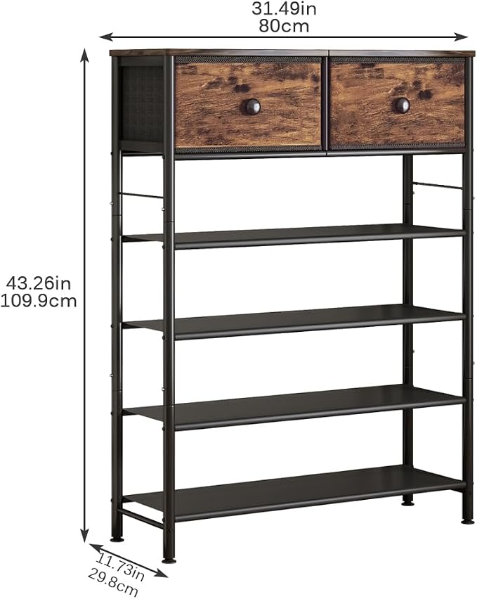 INGIORDAR 5 Tier Shoe Rack Storage Organizer with 2 Drawers MDF Board | Metal space-saving Shoe Shelf stores 20 Pairs of Shoes for Closet Entryway Bedroom Living Room Garage Black+Rustic Brown