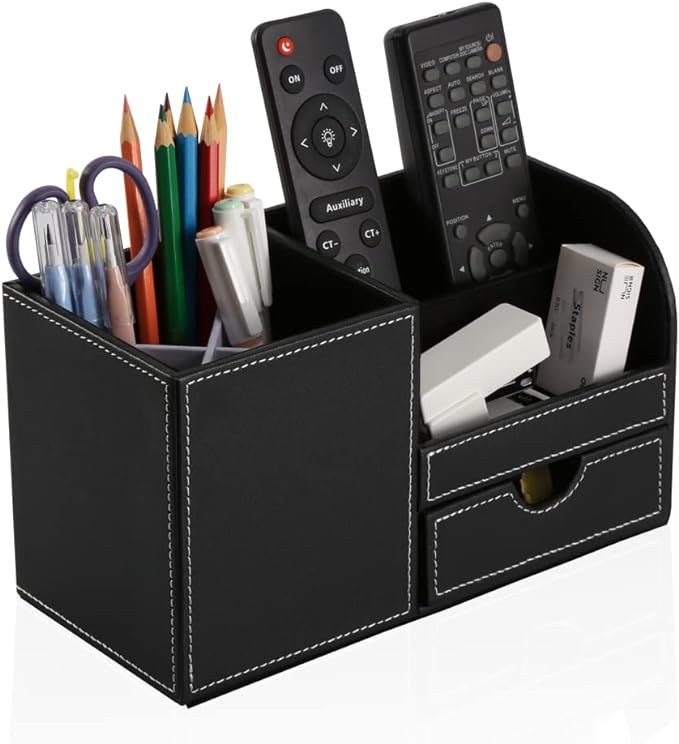 Desk Organizer Office Supplies Caddy Pu Leather Multi-function Storage Box Pen/Pencil,Cell phone, Business Name Cards Remote Control Holder with Small Drawer Black