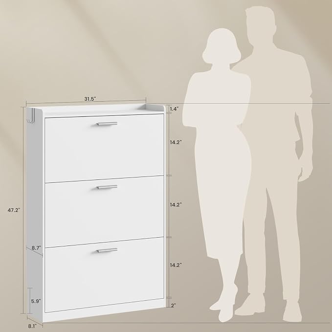 Shoe Cabinet Organizer with 3 Flip Drawers,Narrow Shoe Rack 31.5" W White | Freestanding shoe storage cabinet for entryway,foyer and hallway, space-saving flip drawers,Adjustable Shelves & 2 Hooks