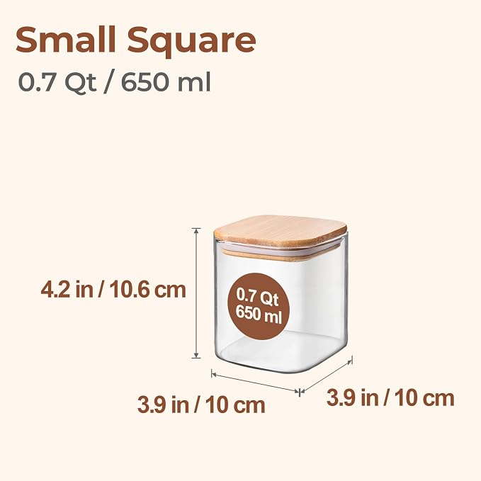 ComSaf Square Glass Containers with Lids 0.7 Qt, Set of 9 Small Galss Jars | Small Kitchen Canisters, Spice Jar, Pantry Organizers, Family Snack Station, Size For Subpackage, BPA Free, Cookie, Dry Food