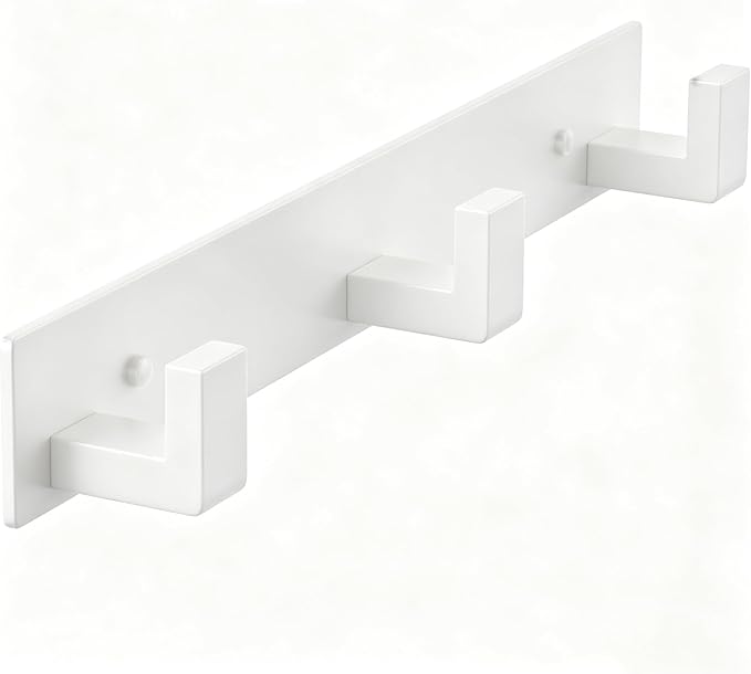 PMMASTO Stainless Steel Coat Rack Wall Mounted, Heavy Duty Metal Hook Rail for Hanging Coats Hats Towels Robes Bags, Modern Wall Hooks Organizer (White, 3 "L Hooks, 1 Pack)