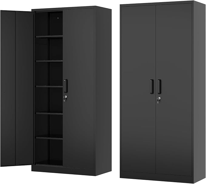 Fesbos Metal Storage Cabinet-72” Tall Steel File Cabinet with Lockable Doors and Adjustable Shelves-Black Steel Storage Cabinet for Home, School, Office, Garage