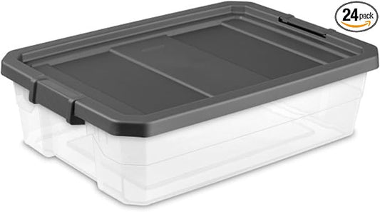 Sterilite 24-Pack Modular Stacker Box, Durable Clear Plastic Storage Bins with Latching Lids, 40 Quart - Stackable Organizing Container Boxes for Closet, Bathroom, and Office