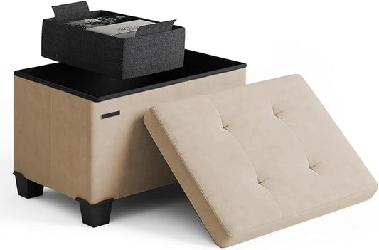 Storage Ottoman Cube with Small Bin, 16-in Square Ottoman with Storage for Living Room and Bedroom, Small Ottomans Foot Rest, Velvet Foot Stools Ottomans Max 330lbs, Taupe
