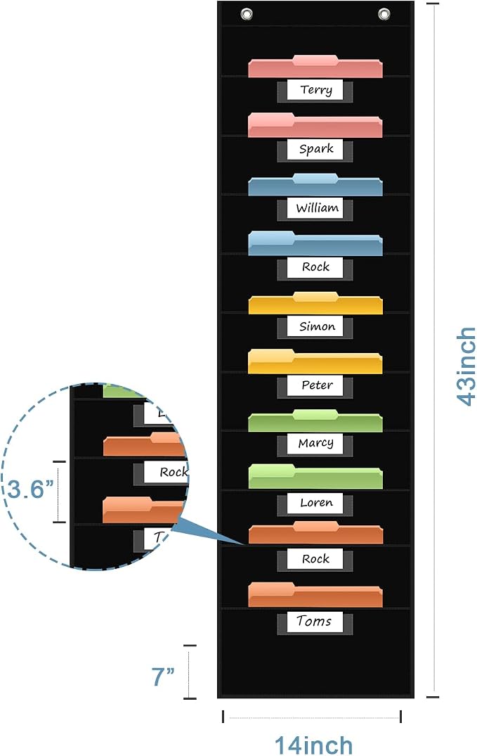 ANCOMEDO 10 Pocket Hanging Wall File Organizer with 10 Nametag Pockets, File Pocket Chart for Classroom and Office. Perfectly Stores Assignments, Files, Scrapbooks, and Documents.