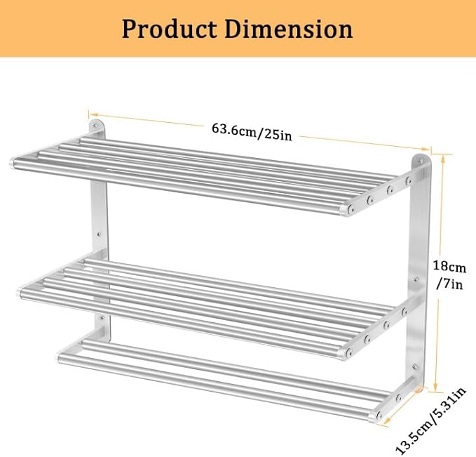 3 Tier Towel Racks for Bathroom Wall Mounted, 24 inch Bathroom Shelf with Towel Bar, Brushed Nickel Shelves for Towels, Stainless Steel Modern Silver Multi Holder