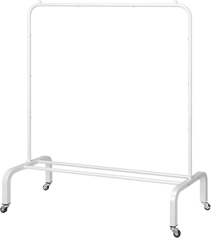 Metal Clothing Rack with Wheels, 43.3 Inches Rolling Clothes Garment Coat Rack with Bottom Shelf, Clothing Rack for Hanging Clothes, Coats, Skirts, Shirts, Sweaters, White
