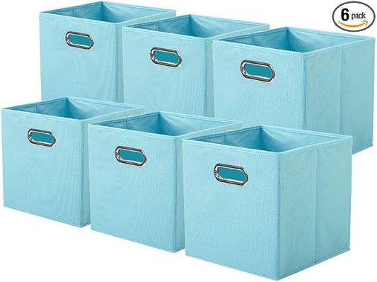 ShellKingdom Storage Bins, Foldable Fabric Storage Cubes with Metal Handle | Cloth Storage Organizer Drawer For Closet And Toys, 11 X 10.5 X 10.5 INCH, 6 Pack (Light Blue)