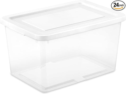 Sterilite Storage Box, Stackable Clear Plastic Bins, 20 Quart, 24-Pack | Heavy-Duty Organizing Containers with Snap-On Lids for Closet, Bathroom, and Office