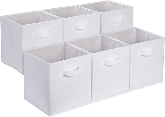 Amazon Basics Collapsible Fabric Storage Bins with Handles, Cube Organizer, 13"x13"x13", White, 6-Pack