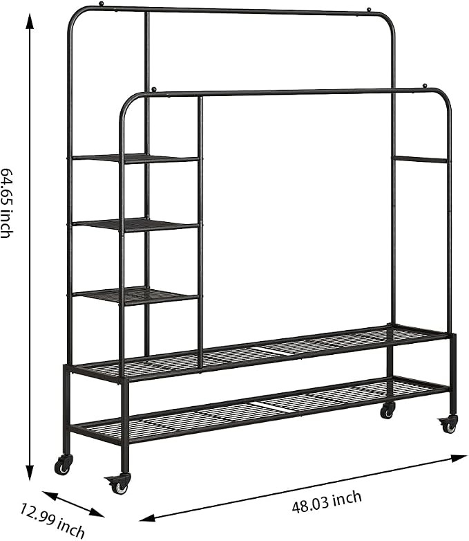 SUOERNUO Clothes Rack with Lockable Wheels Double Rods Metal Garment Racks | Portable Heavy-Duty Clothing Rack with Bottom, Rolling Clothes Shelves for Bedroom Laundry Living Room, Black