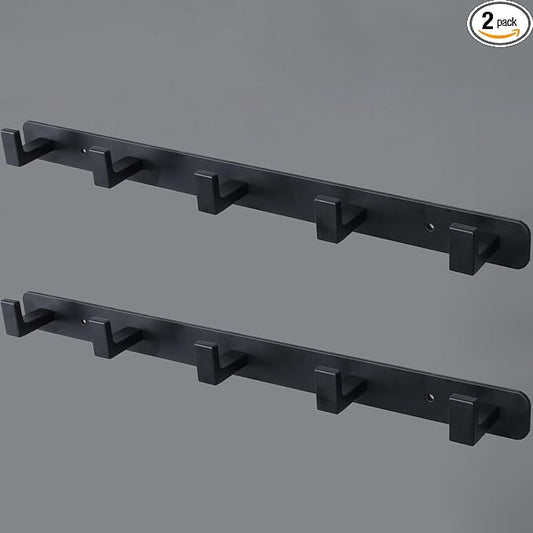 Coat Rack, Heavy Duty Stainless Steel 5 Tri Coat Hook Hanger, Wall Mounted Wall Hooks, Rustic Clothes Hook/Key Hook Rail for Bathroom Kitchen Entryway(2 Pack, 5 Hook Black)
