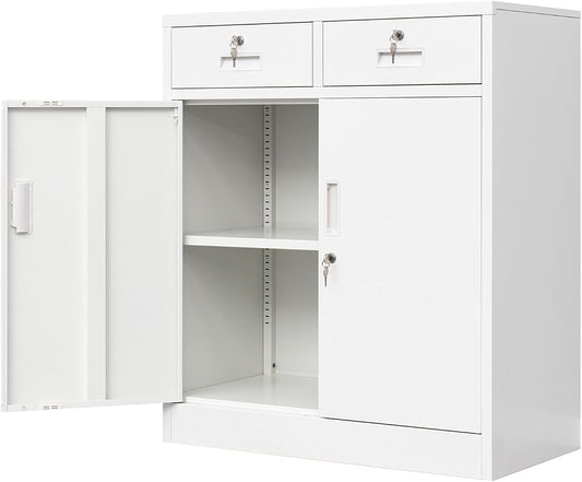 Wanfu Metal Storage Cabinet, Locking Storage Cabinet with Adjustable Shelf, 36" H Metal Cabinets with 2 Drawers for Office, Garage, Home-White