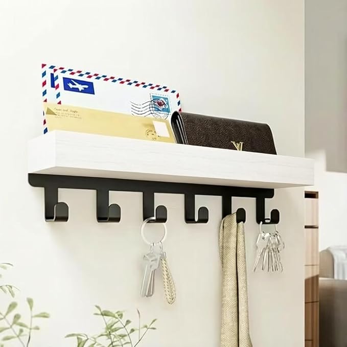 Wall Mounted Keychain with Shelving - Decorative Mailing Organizer and Key Hook for Entrance Channels with Mounting Hardware (9.64" W x 2.36" H x 2.75" L)