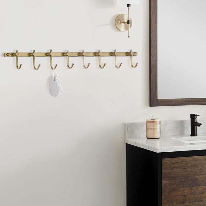 WINCASE Antique Brass Hooks, 8 Hook Coat Rack, Bath Wall Mounted Vintage Brushed Brass Bathroom Row Hooks Rustic Towels Coats Hooks