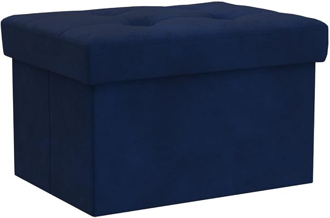 LINMAGCO Small Velvet Ottoman with Storage Rectangle Foot Rest Under Desk Stool for Room Folding Ottoman Furniture with Button turfted-Navy 16X12X12IN