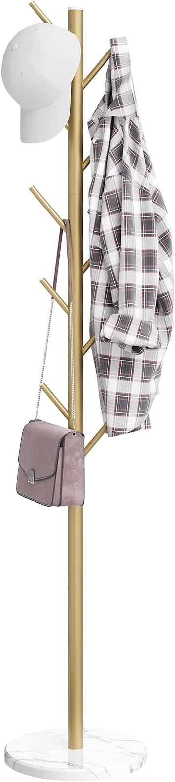 Coat Rack Freestanding, Metal Coat Rack with Natural Marble Base, Gold | 10 Hooks, 3 Adjustable Heights, Heavy Duty Coat Tree for Bags, Clothes, and Hats for Entryway, Bedroom, Hallway, Office