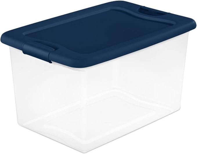 Sterilite Color Program, Large Clear Plastic Storage, 64 Quart, 12-Pack | Clear Bins with Blue Lids - Stackable Organizing Container Boxes for Closet, Bathroom, and Office
