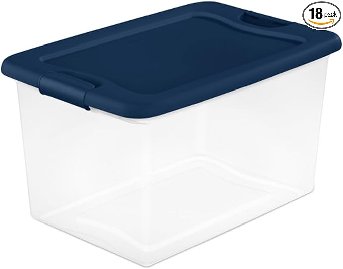 Sterilite Color Program, Large Clear Plastic Storage, 64 Quart, 18-Pack | Clear Bins with Blue Lids - Stackable Organizing Container Boxes for Closet, Bathroom, and Office