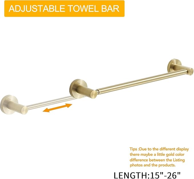 Adjustable Towel Bar Towel Racks for Bathroom Rod Wall Mounted Gold | Adjust 15" to 26" Rustproof, Stainless Steel Towel Holder, Wall Mounted for Bathroom Accessories, Heavy Duty, Space Saving