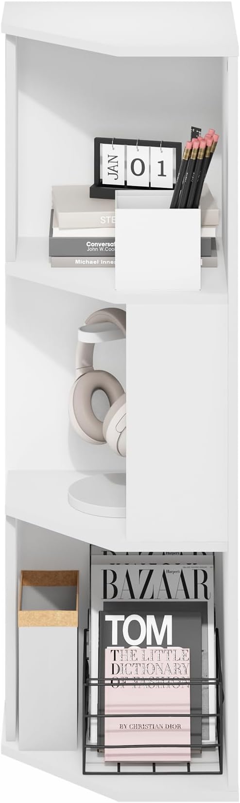 Furinno ECON Corner Shelf, 3-Tier Corner Book Shelf, Standing Storage Shelves, Cube Display Rack, Bookshelf, for Organization and Storage, Living Room, Home Office, Plain White