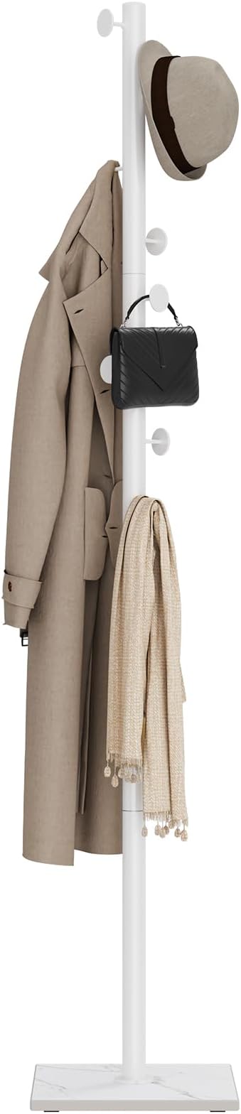 Coat Rack Freestanding, Clothing Rail with 8 Hooks, White | Small Standing Coat Hanger Stand with Heavy Rock Slab Base, Modern Metal Coat Tree with 8 Hooks for Bedroom, Office, Hallway