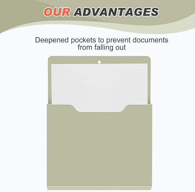 Feifeiya 2 Pcs Magnetic File Folder Wall Hanging Holder Large Pocket Paper Magazine Mail Organizer for Refrigerator Classroom Locker Whiteboard(Vertical,Sage Green,12.2 x 9.4 Inches)