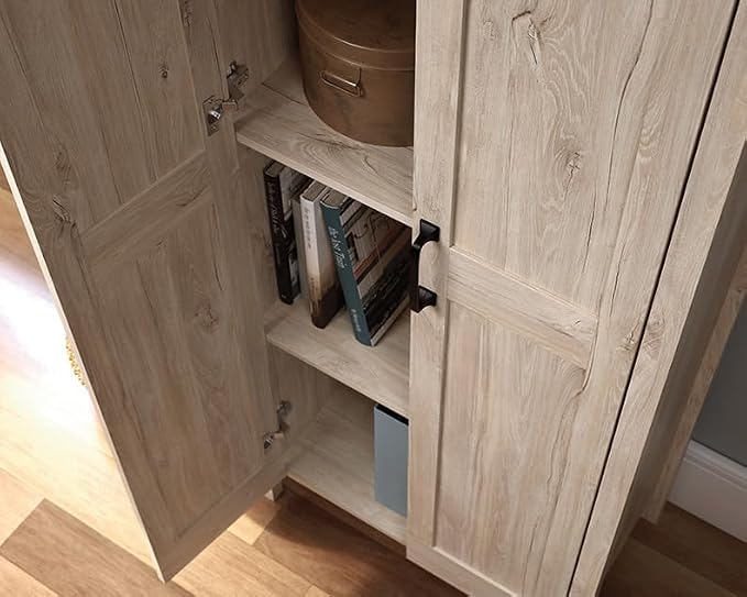 Sauder 2-Door Storage Cabinet, Tall Wooden Organizer, in a Chalk Oak Finish