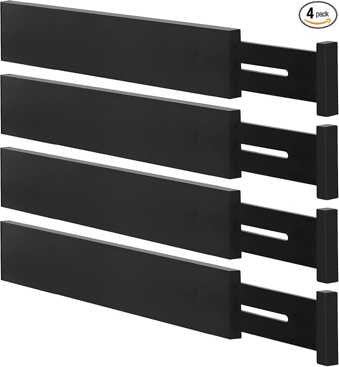 Bamboo Drawer Dividers, Adjustable Drawer Organizers, Fits 12.6–16" Drawers | 2.5" High, 4 Pack Expandable Drawer Separators for Kitchen, Nursery, Dressers & Office Storage, Black