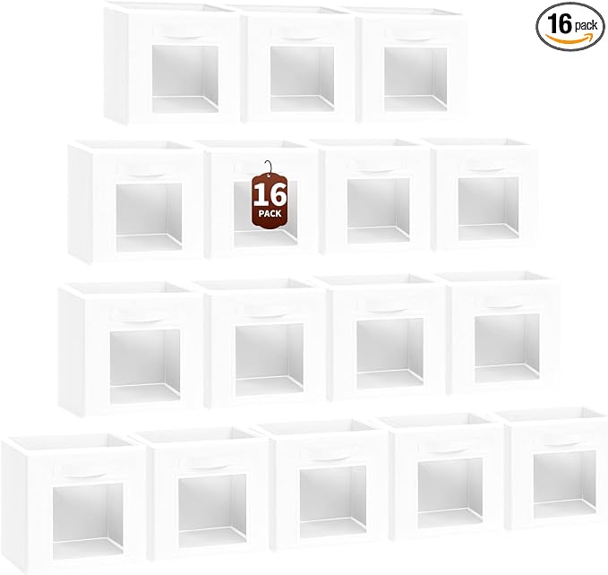 Storage Cube 11 Inch - Cube Storage Bins with Window, Closet Storage Baskets with Handle, Fabric Bins for Closet, Shelves, Toys, Clothes, Set of 16, White