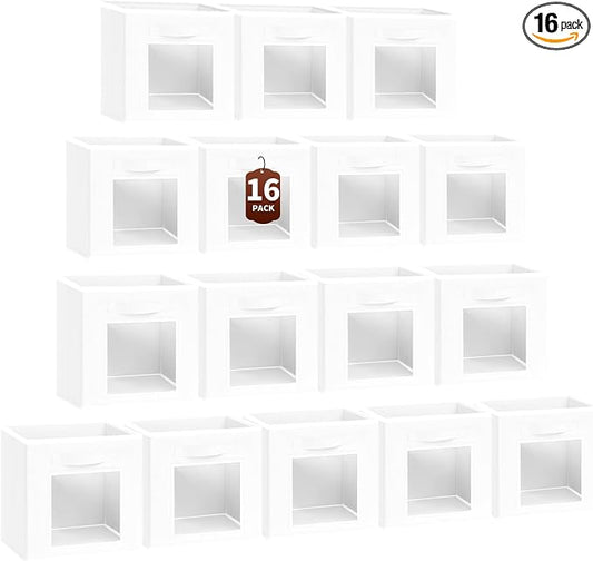 Storage Cube 11 Inch - Cube Storage Bins with Window, Closet Storage Baskets with Handle, Fabric Bins for Closet, Shelves, Toys, Clothes, Set of 16, White