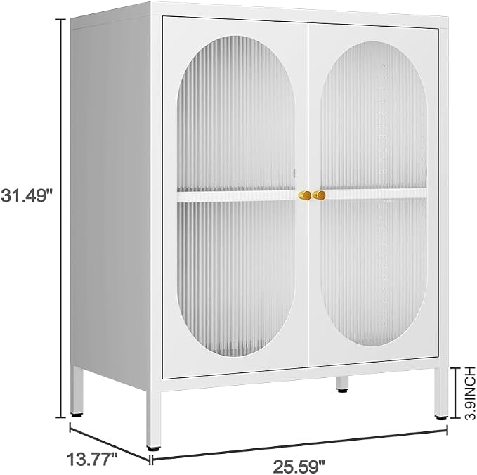 2 Translucent Door Metal Accent Storage Cabinet for Home, Living Room,Office Room,Kitchen-Metal Locker Cabinet with 1 Adjustable Shelves-2-Tier (White)