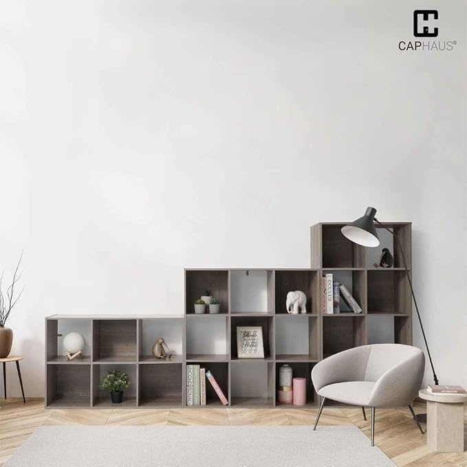CAPHAUS Sturdy Room 11-Inch Cube Storage Organizer Shelf, with Thick Exterior Edge, Storage Shelf Divider w/Back, Bookcase, 9-Cube, Rustic Grey Oak