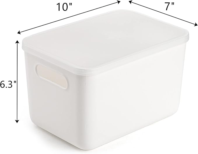 Lawei 4 Pack Plastic Storage Bins with Lid, White Stackable Storage Basket Organizer Box, Sturdy Containers Organizing Lidded Bins for Shelves, Cabinet, Desk, Pantry, Bedroom, Book, Toys
