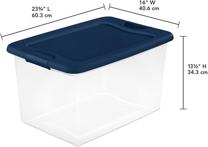 Sterilite Color Program, Large Clear Plastic Storage, 64 Quart, 18-Pack | Clear Bins with Blue Lids - Stackable Organizing Container Boxes for Closet, Bathroom, and Office